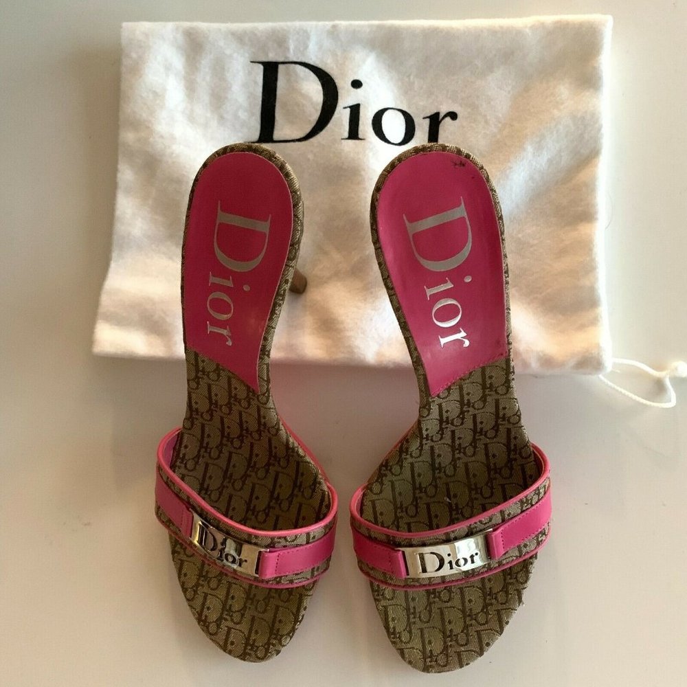 DIOR Pink Monogram Heel Sandals w/ Silver Plate